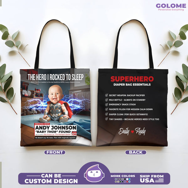 Personalized Baby Thor Superhero Tote Bag – Custom Photo, Name & Funny Message for Mom